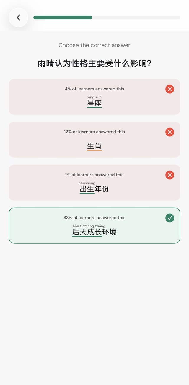 A quiz question where each answer shows the share of learners who picked it