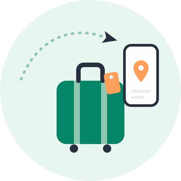 A suitcase and a phone showing a map pin